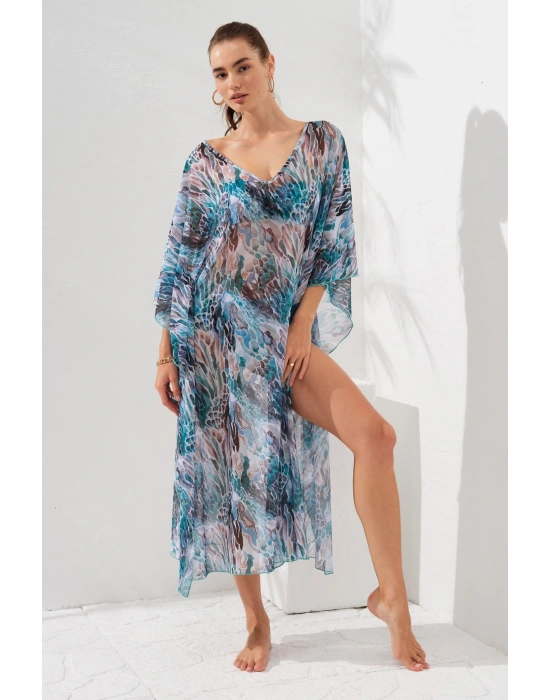 V Yaka Elbise Pareo Coral 231803-d