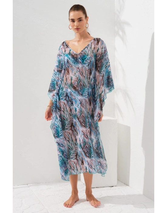 V Yaka Elbise Pareo Coral 231803-d