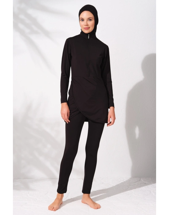 Uzunkollu Fermuarlı Tesettür Mayo Siyah 231914