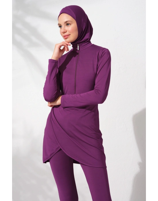 Uzunkollu Fermuarlı Tesettür Mayo Mor 231914
