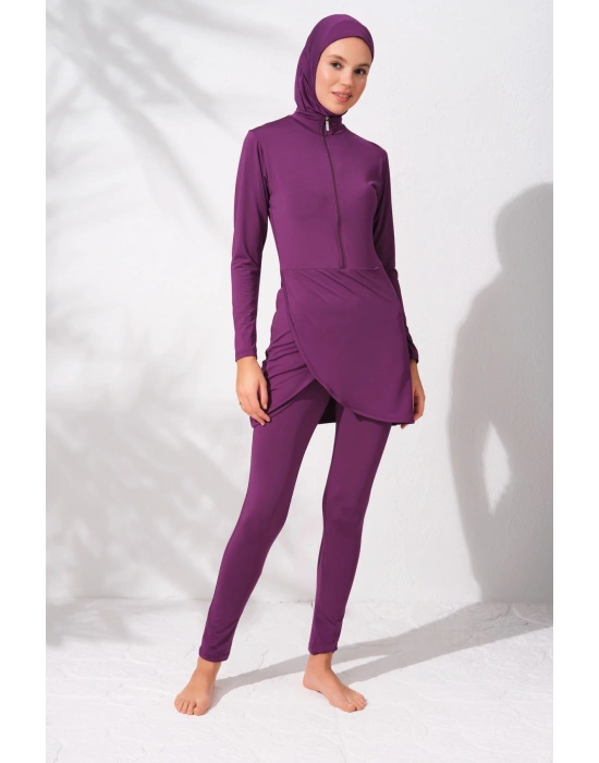Uzunkollu Fermuarlı Tesettür Mayo Mor 231914
