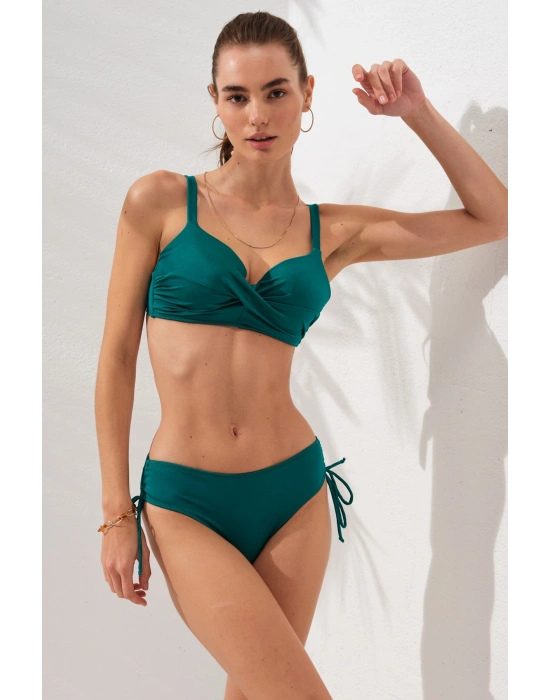 Yeşil Balenli Sırt Bağcıklı Bikini Takımı Kaplı Yandan Ipli Toparlayıcı Ince Askılı Geniş Beden