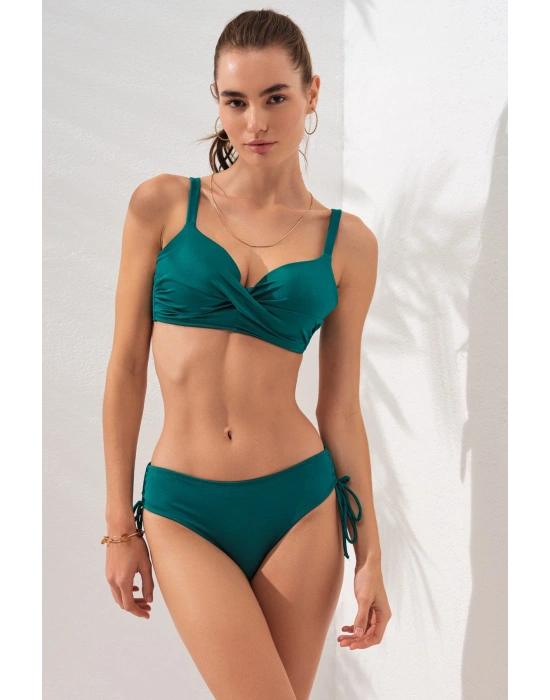 Yeşil Balenli Sırt Bağcıklı Bikini Takımı Kaplı Yandan Ipli Toparlayıcı Ince Askılı Geniş Beden