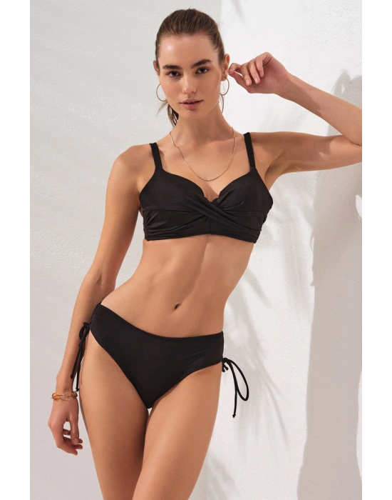 Siyah Balenli Ince Askılı Ayarlanabilir Bel Detaylı Bikini Takımı Arkadan Bağlamalı Toparlayıcı