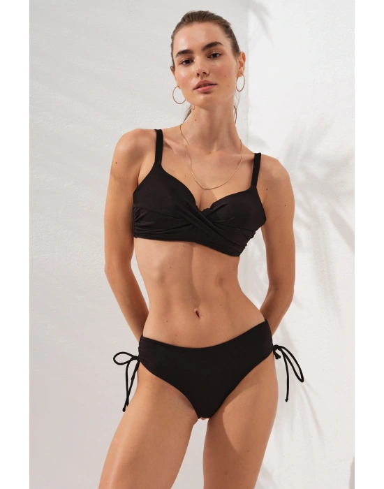 Siyah Balenli Ince Askılı Ayarlanabilir Bel Detaylı Bikini Takımı Arkadan Bağlamalı Toparlayıcı