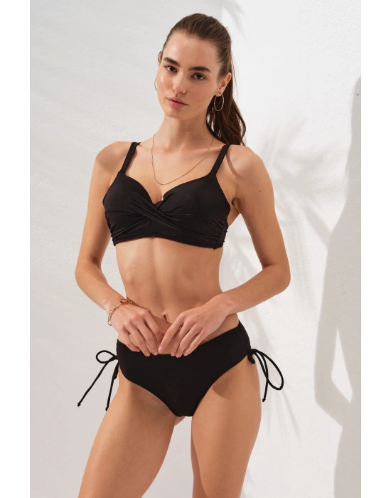 Siyah Balenli Ince Askılı Ayarlanabilir Bel Detaylı Bikini Takımı Arkadan Bağlamalı Toparlayıcı