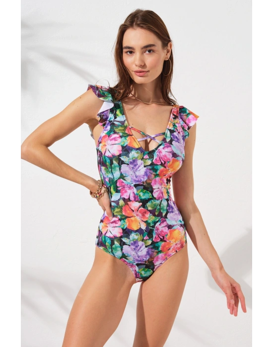 Fıjı Kol Fırfır Detaylı Carpraz Bantlı Askılı Mayo