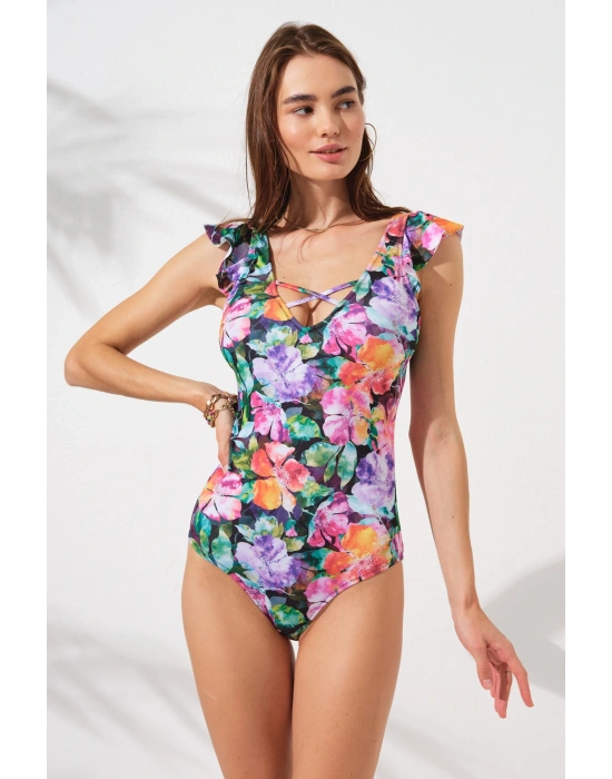 Fıjı Kol Fırfır Detaylı Carpraz Bantlı Askılı Mayo