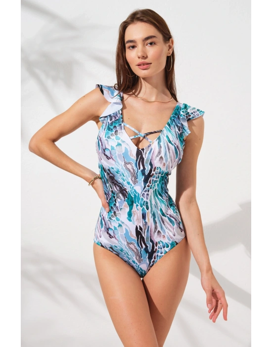 Fıjı Kol Fırfır Detaylı Carpraz Bantlı Askılı Mayo