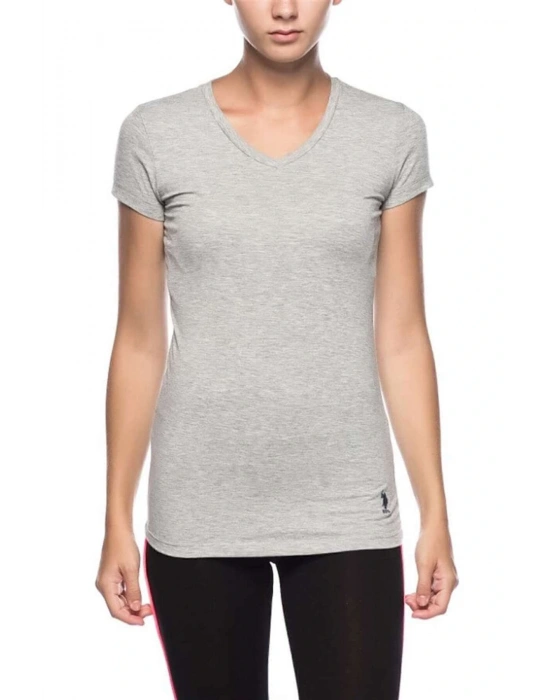 Kadın, Lisanslı, Uspa, Gri Melanj, Kısa Kollu V Yaka T-shirt