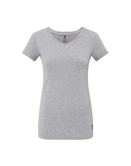 Kadın, Lisanslı, Uspa, Gri Melanj, Kısa Kollu V Yaka T-shirt