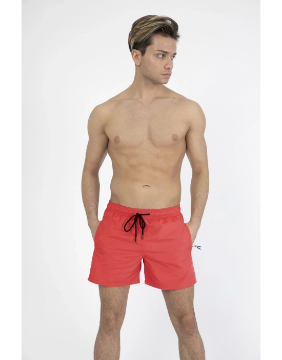 Erkek Kırmızı Düz Renk Iki Yan Cepli Standart Boy Mayo Deniz Şortu