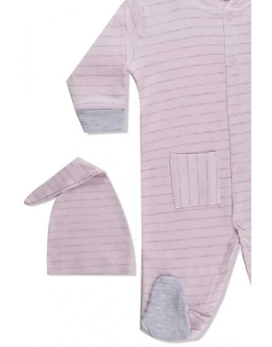 Şapkalı %100 Pamuklu Çizgili Bebek Tulumu 303768