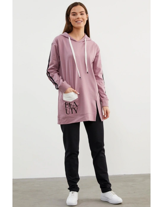 Kapüşonlu Oversize Eşofman Takım - Lila