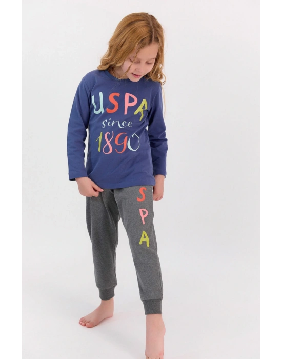 Açık Indigo Kız Çocuk Uzun Kol Ribanalı Pijama Takımı