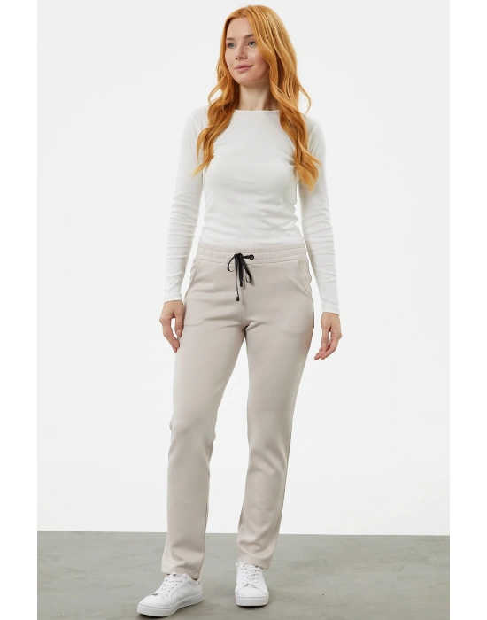 Beli Kalın Lastikli Eşofman Altı - Bej