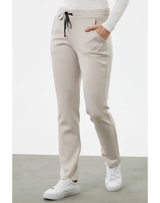 Beli Kalın Lastikli Eşofman Altı - Bej