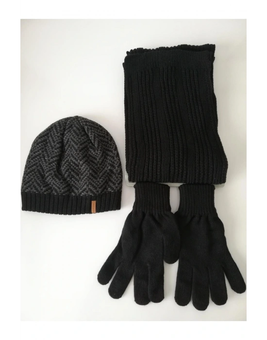 Erkek Atkı & Bere & Eldiven 3lü Takım K22002-04-001 Siyah