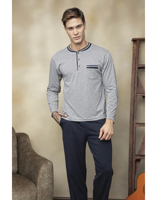 Çok Rahat Düğmeli Cepli Uzun Kollu Battal Pamuk Pijama Takımı