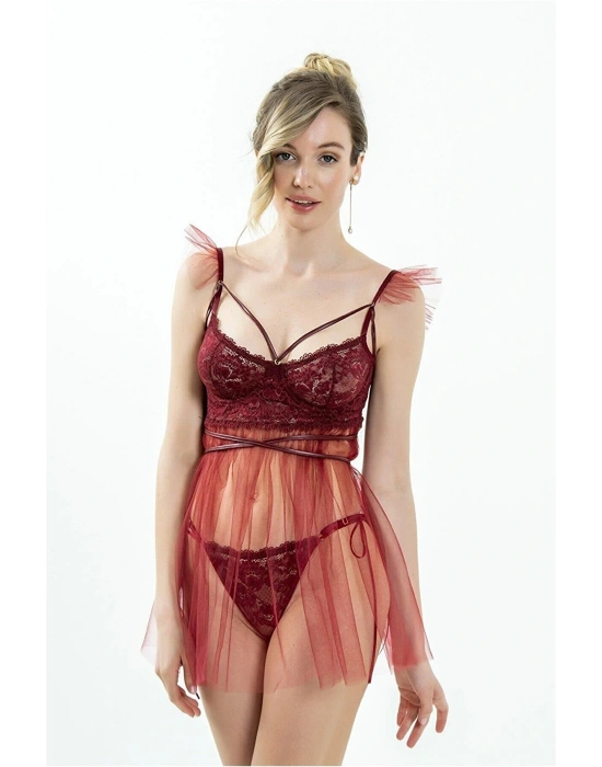 7216 Balenli Sütyenli Tüllü Gecelik-Bordo