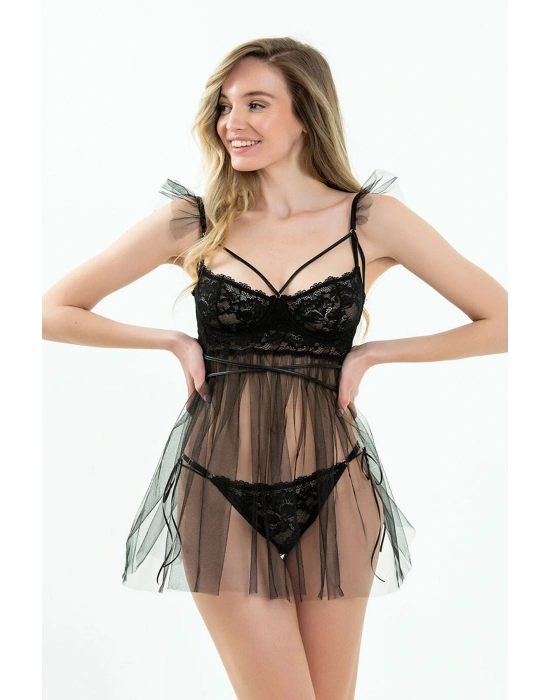 7216 Balenli Sütyenli Tüllü Gecelik-Siyah