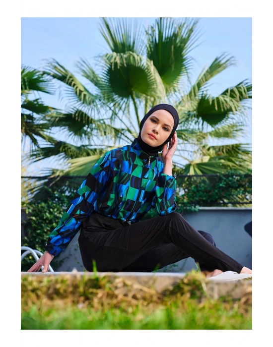 Desenli Crop Tesettür Mayo - Mavi -