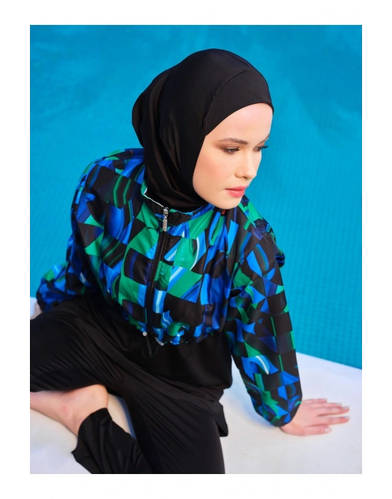 Desenli Crop Tesettür Mayo - Mavi -