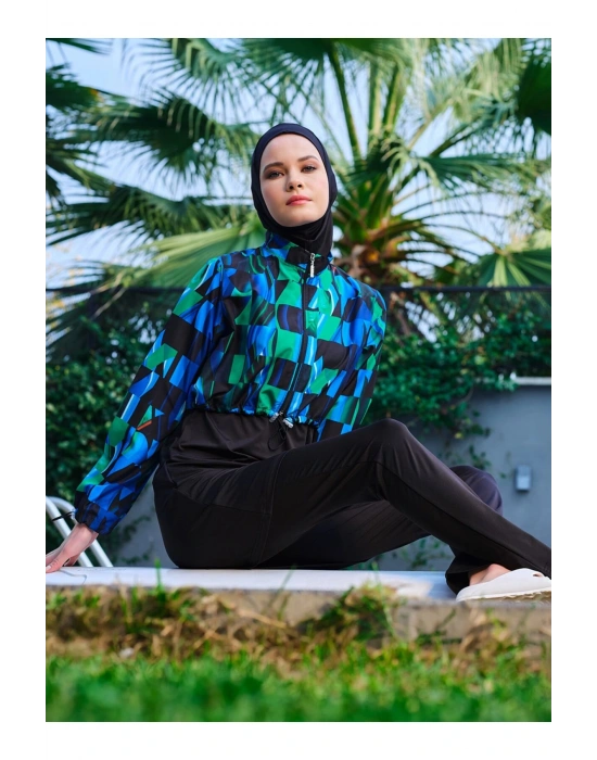 Desenli Crop Tesettür Mayo - Mavi -