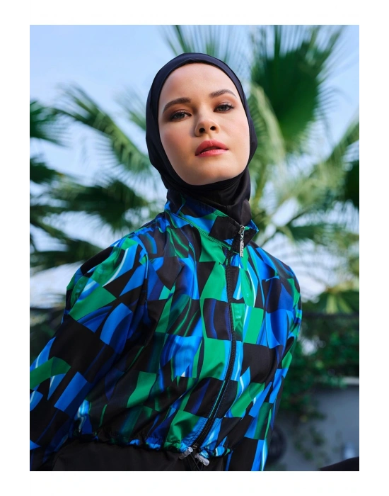 Desenli Crop Tesettür Mayo - Mavi -