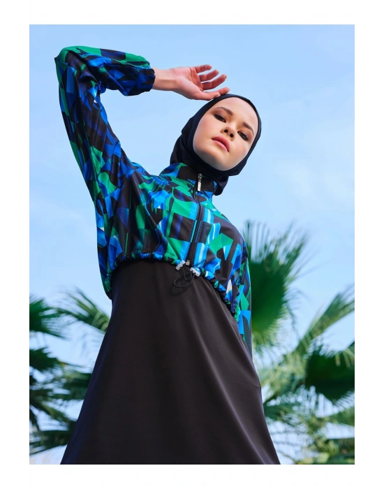 Desenli Crop Tesettür Mayo - Mavi -