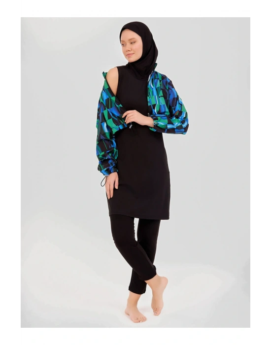 Desenli Crop Tesettür Mayo - Mavi -