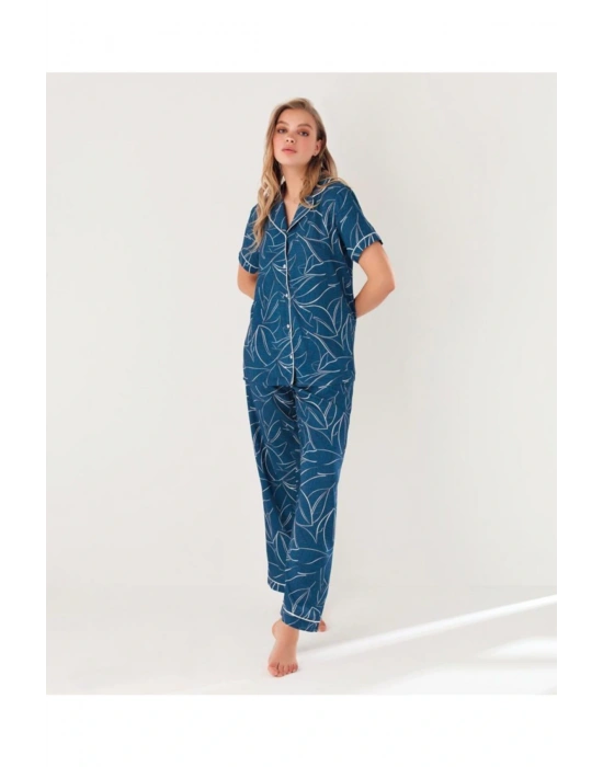 Blu Dream 10104 Dokuma Viscon Önden Düğmeli Kısa Kol Pijama Takımı