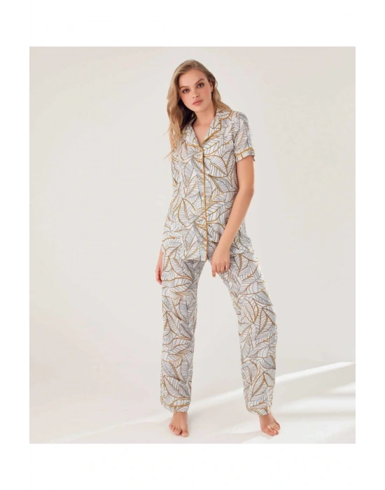 Blu Dream 10104 Dokuma Viscon Önden Düğmeli Kısa Kol Pijama Takımı