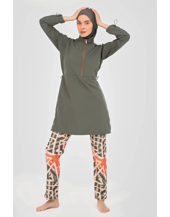 Reglan Kol Pantolonu Desenli Tesettür Mayo