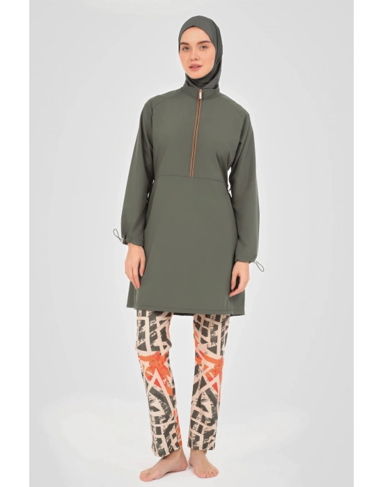 Reglan Kol Pantolonu Desenli Tesettür Mayo