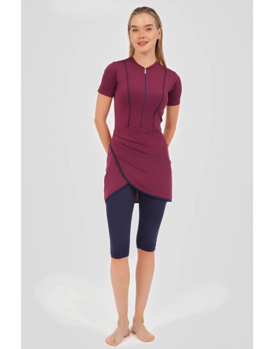 Biyeli Anvelop Etekli Yarım Kol Yarı Kapalı Mayo