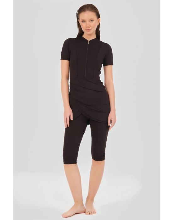 Biyeli Anvelop Etekli Yarım Kol Yarı Kapalı Mayo