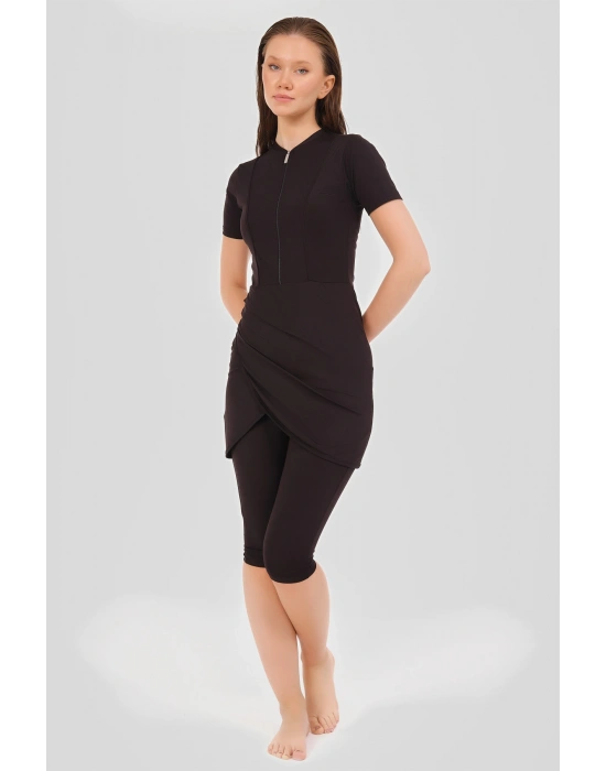 Biyeli Anvelop Etekli Yarım Kol Yarı Kapalı Mayo