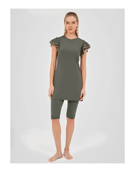 Kolu Volan Detaylı Yarım Kol Yarı Kapalı Mayo - Haki -