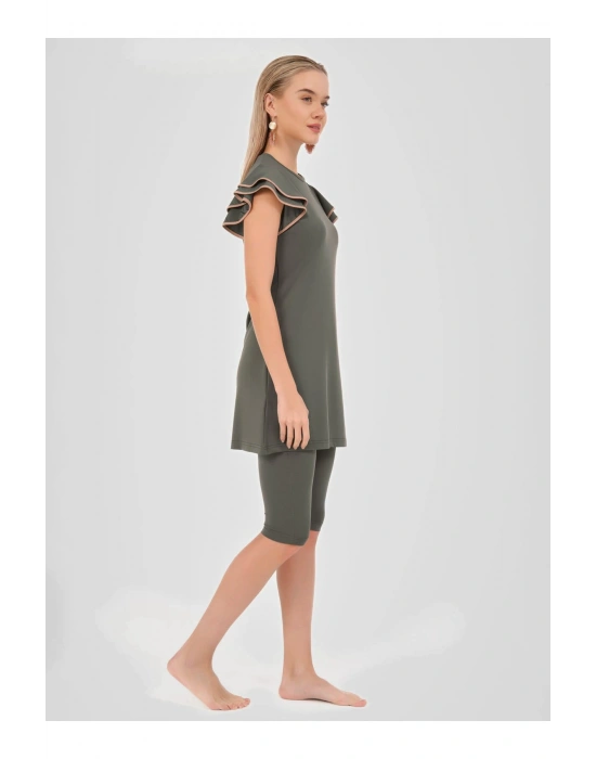 Kolu Volan Detaylı Yarım Kol Yarı Kapalı Mayo - Haki -