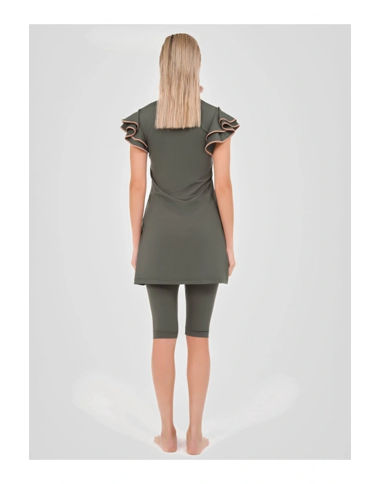 Kolu Volan Detaylı Yarım Kol Yarı Kapalı Mayo - Haki -