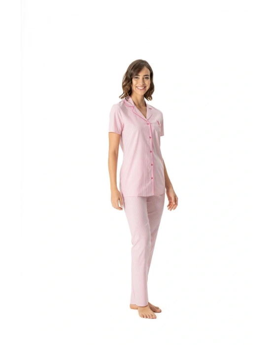 Kadın Pembe Boydan Patlı Çizgili Pijama Takımı DLX-17038
