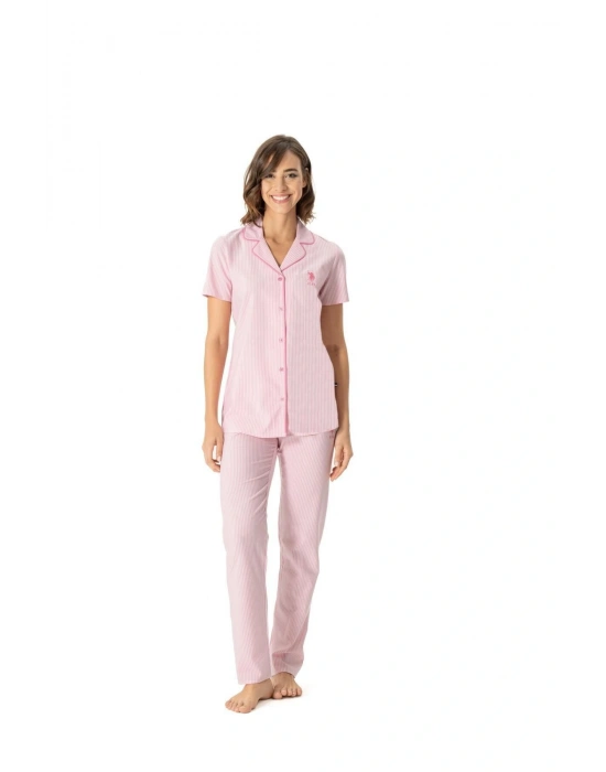 Kadın Pembe Boydan Patlı Çizgili Pijama Takımı DLX-17038