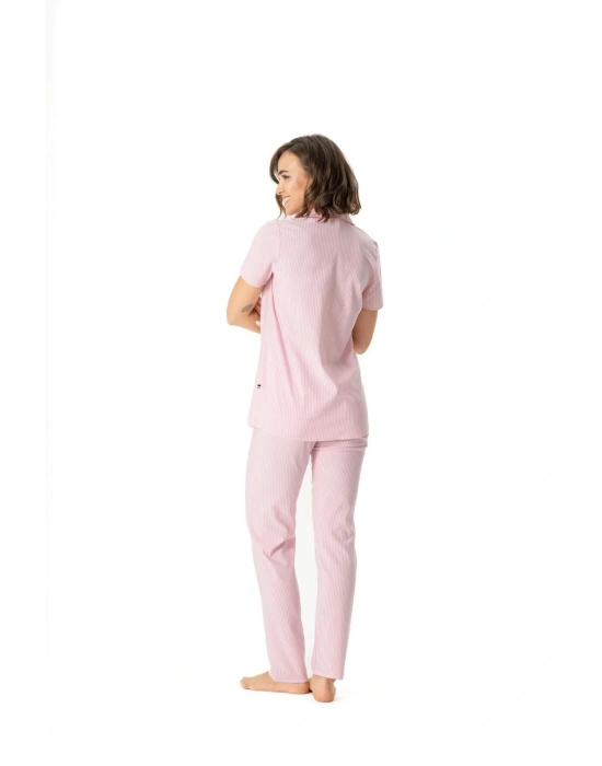 Kadın Pembe Boydan Patlı Çizgili Pijama Takımı DLX-17038