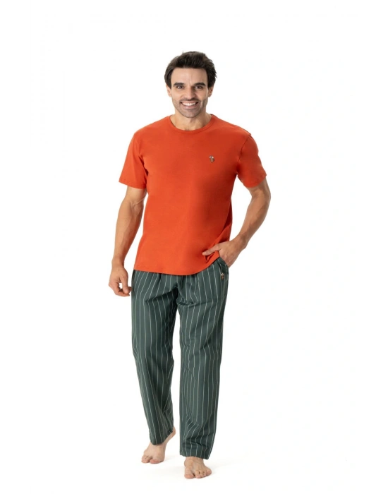 18810 Erkek Kiremit Yuvarlak Yaka Kısa Kollu Pijama Takımı