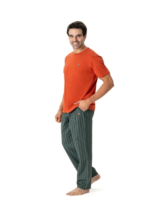 18810 Erkek Kiremit Yuvarlak Yaka Kısa Kollu Pijama Takımı