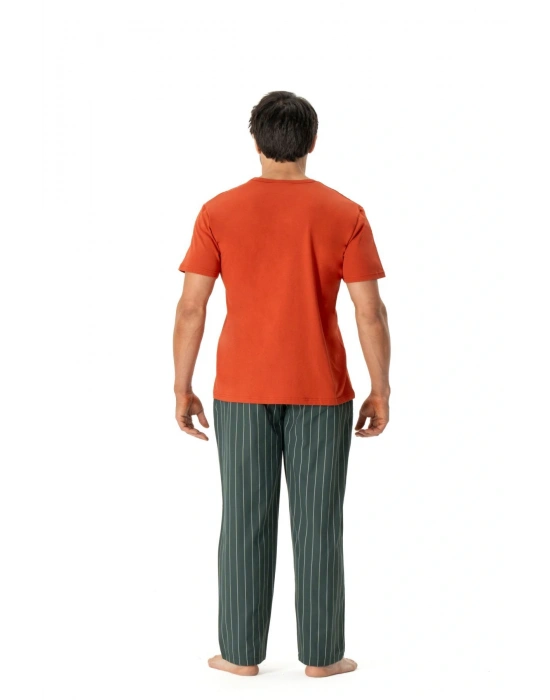 18810 Erkek Kiremit Yuvarlak Yaka Kısa Kollu Pijama Takımı