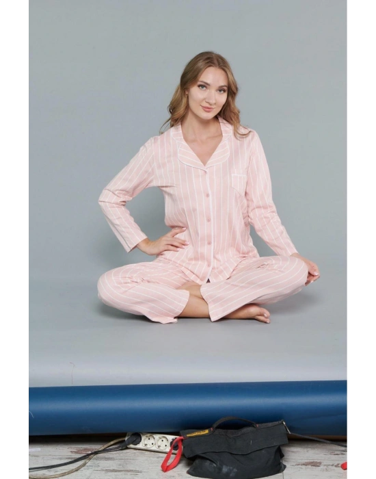 Melodi Kadın Çizgili Pamuklu Düğmeli Pijama Takım 9137