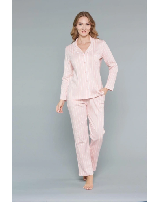 Melodi Kadın Çizgili Pamuklu Düğmeli Pijama Takım 9137