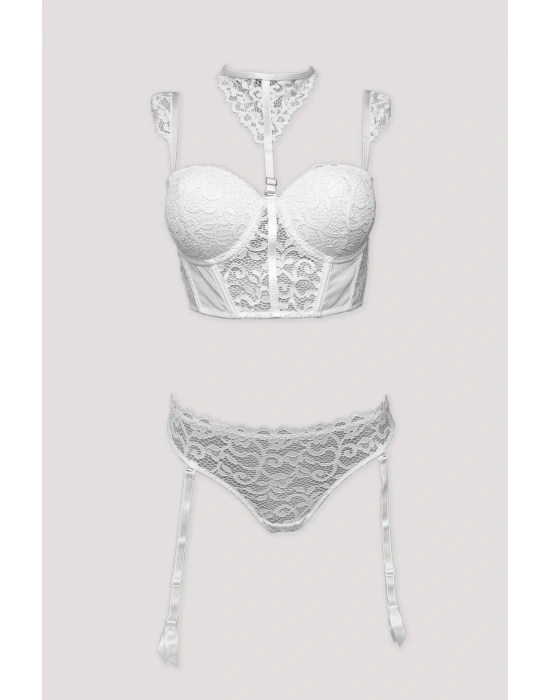 Ekru 4862 Cenova 3lü Jartiyerli Büstiyer Sütyen Tanga / Fantezi İç Çamaşır Takımı Çorap Hediyeli